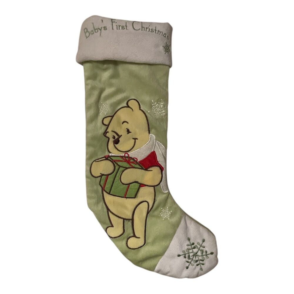 Vintage Disney Winnie-the-Pooh Baby's First Christmas Stocking Pale Green Fleece